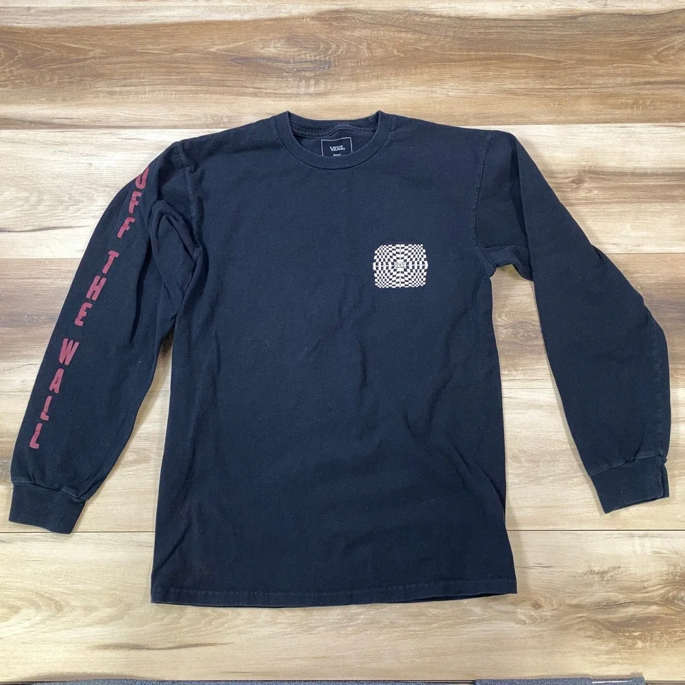 Vans Long Sleeve Shirt Mens Small Streetwear Cotton Classic Fit Black Skater Tee - Picture 2 of 8